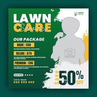 Modern, creative, lawn mower garden or landscaping service social media post design, agriculture agriculture business promotion in green and orange colors, layout, poster, web banner, template vector