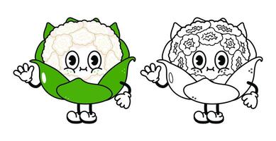 Cute funny Cauliflower waving hand character outline cartoon illustration for coloring book. Hand drawn traditional cartoon vintage, retro, cabbage character. Isolated on white background vector