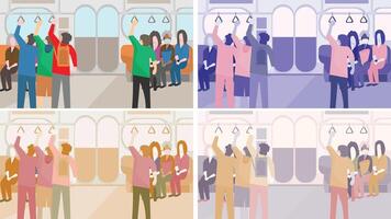 The atmosphere inside a commuter train during rush hour. inside of commuter train in 4 color theme vector