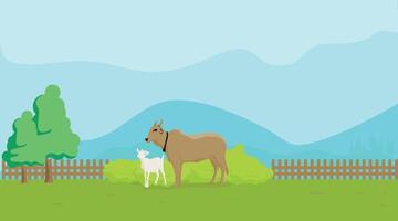cow and Goat in the meadow. farm illustration vector