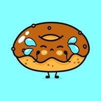 Crying Chocolate Donut character. hand drawn cartoon kawaii character illustration icon. Isolated on blue background. Sad Chocolate Donut character concept vector