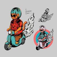 set of Cute monster riding scooter with different color style. perfect for biker sticker and emblem vector