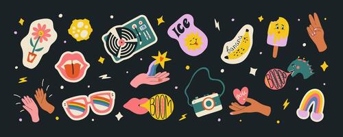 Set of stickers with trippy cute characters, doodles and abstract shapes. Trendy modern illustration for banner, social, poster, postcard or background. vector