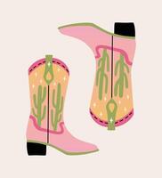 Retro pink cowgirl boot with desert and cacti. Groovy cowboys western and wild west theme. Hand drawn design for t shirt, sticker, poster. vector