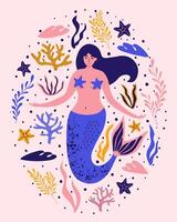 Cute mermaid with seaweed, corals, starfish. vector