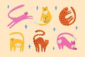 Groovy cat cartoon set in colorful illustration style. Playful feline poses. Bundle with pet little tigers and leopards. . vector