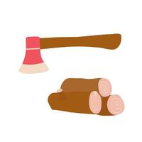 Camping equipment for campfire axe and wood. Ax and stump in cartoon style isolated on white background. illustration in cartoon style for print, travel blog. vector