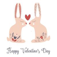 Cute pink rabbits in love isolated on white background. Love concept. Folk style design element for t-shirt print, apparel or greeting cards. Valentine s day poster. nordic illustration. vector