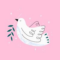 Concept for world peace day postcard with dove and branch. Bird International symbol of peace, hope and pray. Hand drawn illustration. vector