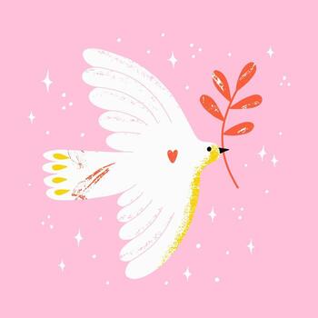 Concept for world peace day postcard with dove and branch. Poster with symbol, no war, world day of peace, equality and love. Hand drawn illustration. vector