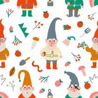 Seamless pattern with garden gnome, field flower and mushroom. Dwarf spring background. illustration in scandinavian style. Creative contemporary texture for fabric, wrapping, textile, wallpaper. vector