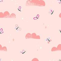 Seamless pattern of cute butterfly, clouds and stars on pink background. Creative scandinavian texture for fabric, wrapping, textile, wallpaper, apparel. Hand drawn illustration. vector