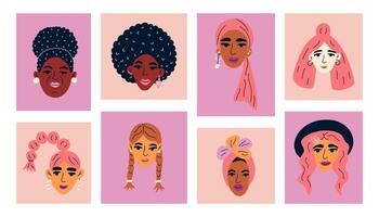 Portraits of diverse women. Collection of girl avatars isolated on background. Hand drawn illustration for postcard, cover, t shirt. vector