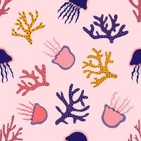 Cute seamless tropical pattern with corals and jellyfish. Perfect for wallpapers, web page backgrounds, surface textures, textile. Coral pink background. vector