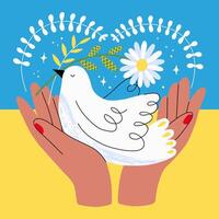 Concept pray for peace in Ukraine. Banner with a dove in the hands of a symbol of no war, world peace and peace day. Hand drawn illustration. vector