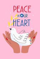 Banner with dove. Lettering peace in our heart. vector