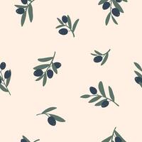 Seamless pattern with ripe black olives on pink background. Flat illustration for olive oil, natural cosmetics. Design for textile, wallpaper, wrapping, backdrop. vector