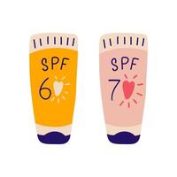 Sunscreen doodle style. Cream products with SPF protection. Hand drawn summer cosmetic. Sunblock, skin protection, skin care products. illustration. vector