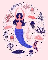 Mermaid with seaweed, jellyfish. Summer background vector