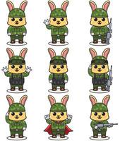 linda Conejo soldado en camuflaje uniforme. dibujos animados gracioso Conejo soldado personaje con casco y verde uniforme en diferente posiciones. gracioso animal ilustración colocar. vector