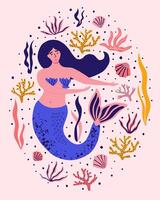 Cute mermaid with seaweed, corals, shells. Nautical hawaiian summer background for textiles, t-shirts, greeting cards and more. Hand drawn illustration. vector