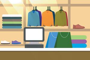 clothing store front view with cash register, set up layout of shirts and pants, and shoes. illustration vector