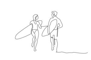 young couple in love vacation sea surf together activity lifestyle line art vector