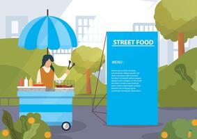 young girl selling food cart on the side of the road, where street vendors sell. illustration vector