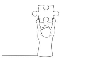 little boy holding puzzle piece new idea creating solution for problem education line art vector