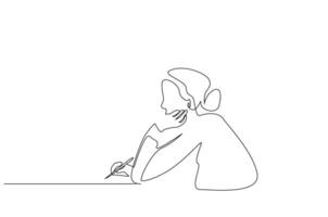 young woman is sitting at the table holding a pen writing something thinking calm line art vector