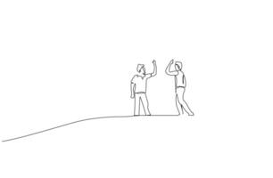 two friends rejoicing on the hill in nature holding hands far away view line art vector