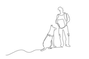 backpacker man and dog friend walking in nature together discovering lifestyle line art vector