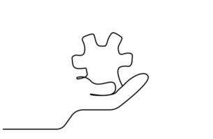 human hand holding machine gear solution new idea business line art icon vector