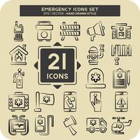 icono conjunto emergencia. relacionado a advertencia símbolo. mano dibujado estilo. sencillo diseño ilustración vector