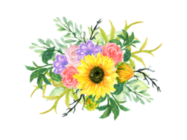 bouquet fleur tournesol, rose, baie, prairie, déposé png