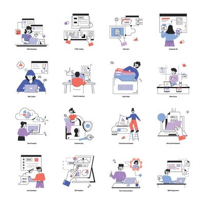 Set of 16 Web Development Linear Mini Illustrations
