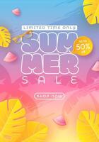 Summer sale features a paper-cut tropical background in bright colors. Combining the concept of tropical leaves and discount vouchers. vector