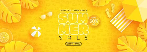 Summer sale features a paper-cut tropical background in bright colors. Combining the concept of tropical leaves and discount vouchers. vector