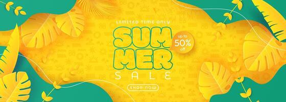 Summer sale features a paper-cut tropical background in bright colors. Combining the concept of tropical leaves and discount vouchers. vector