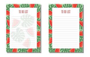 Set panner, to do list with tropical leaves of monstera and watermelon slice. vector