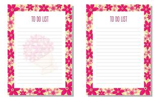 Set planner, to do list, organizer with flowers, leaves, bouquet. vector