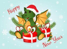 Greeting postcard. Happy new year and Merry Christmas with green dragon and red gifts boxes. vector