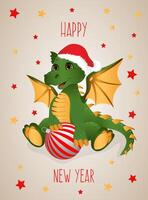Greeting postcard. Happy new year and Merry Christmas with green dragon and red christmas ball. vector