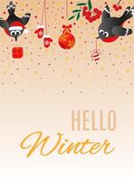 Greeting postcard Helllo Winter. Happy new year and Merry Christmas with cute, funny bullfinches. You can change the text. vector