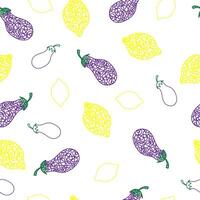 Seamless pattern with hand drawn lemon, eggplant on white background in childrens naive style. vector