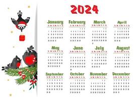 Calendar 2024 with family of bullfinches in cartoon style. Week starts on Sunday. vector