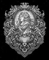 ilustración hermosa dama con antiguo grabado ornamento marco - eps 10 vector
