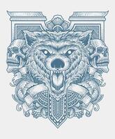 Illustration wolf and skull head with antique engraving ornament - Eps 10 vector