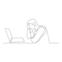 Continuous one line man sitting in front of laptop propping her head with her hand. illustration. vector