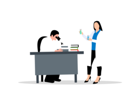 a man and woman in lab coats are looking at a microscope png